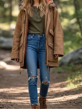 Genuine Leather Suede Barn Coat Chore Coat Oversized Brown Jacket Hood Pockets
